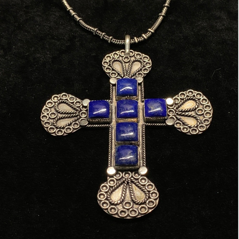 Silver Tone Lapis Lazuli Cross Pendant Necklace Filigree Boho Statement 30"